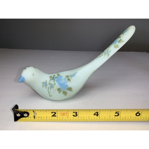Fenton Satin Art Glass Bird of Happiness Hand Painted Blue Roses Paperweight - Picture 1 of 8